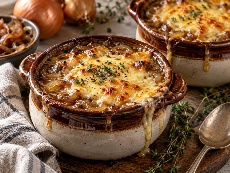 Keto French onion soup topped with golden melted cheese in a soup crock
