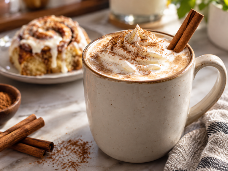 Keto cinnamon roll coffee topped with whipped cream and cinnamon