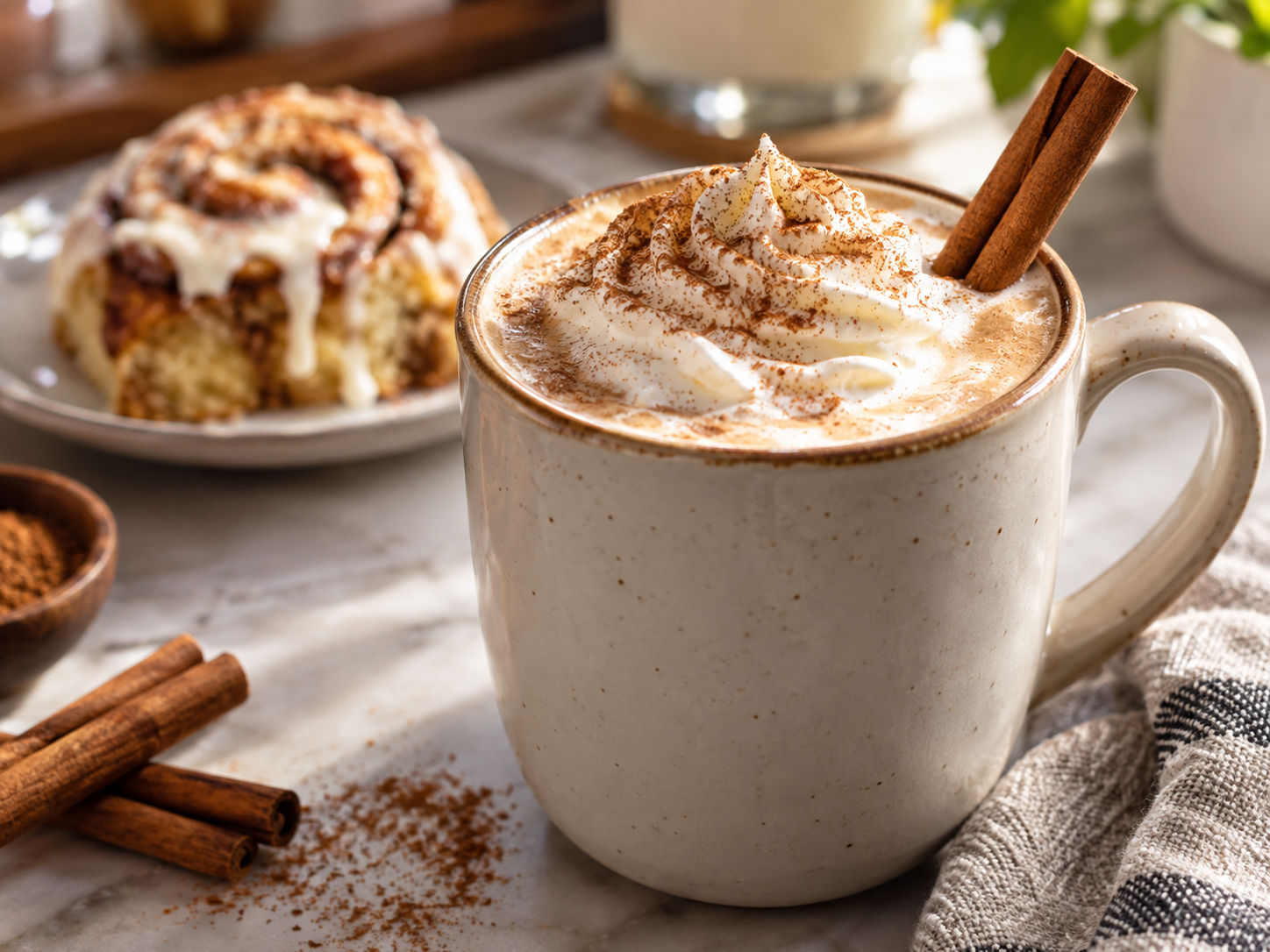 Keto cinnamon roll coffee topped with whipped cream and cinnamon