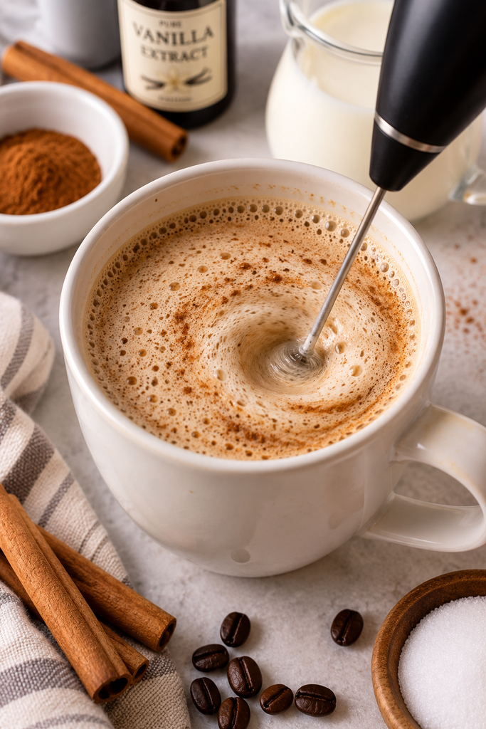 Frothing keto cinnamon roll coffee with a handheld milk frother