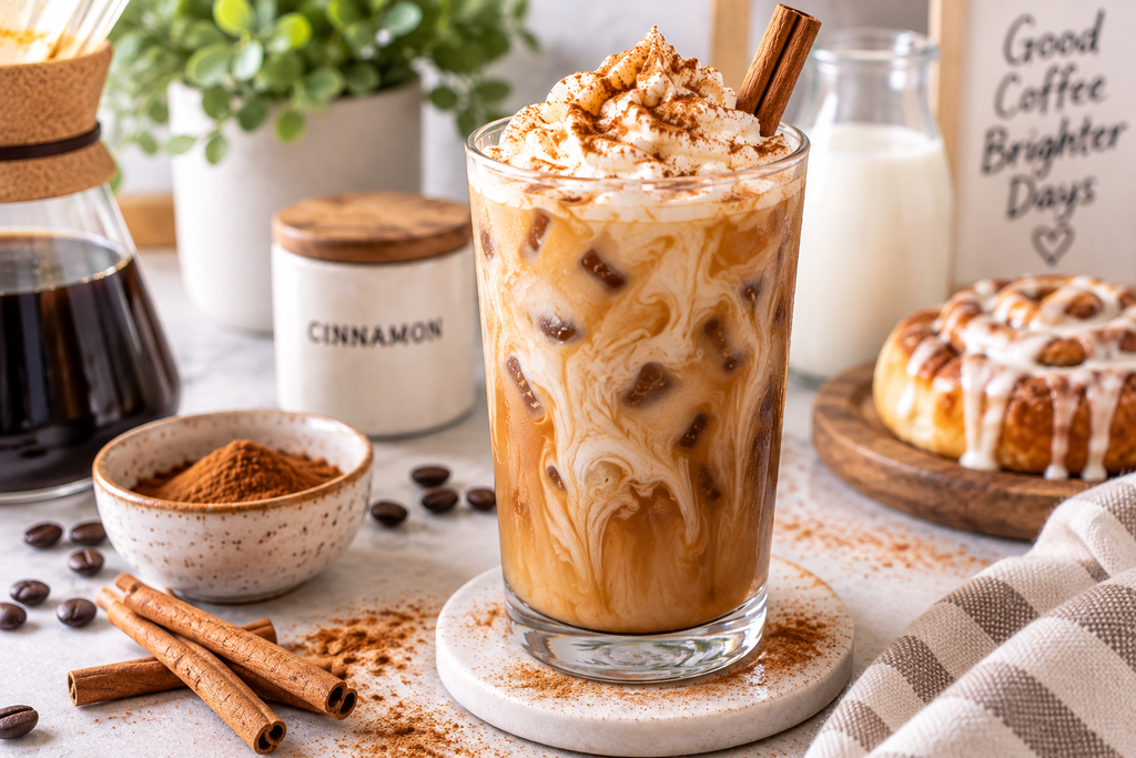 Iced keto cinnamon roll coffee with cream and cinnamon