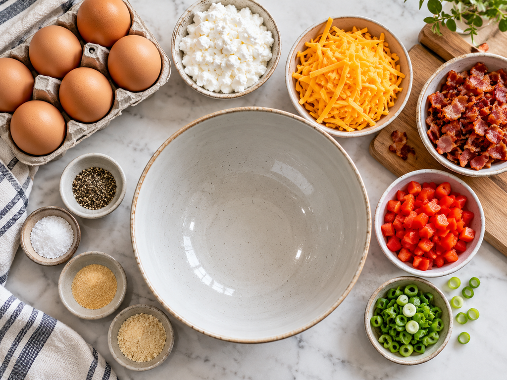 Ingredients for keto air fryer breakfast egg bites with eggs bacon cheese and cottage cheese