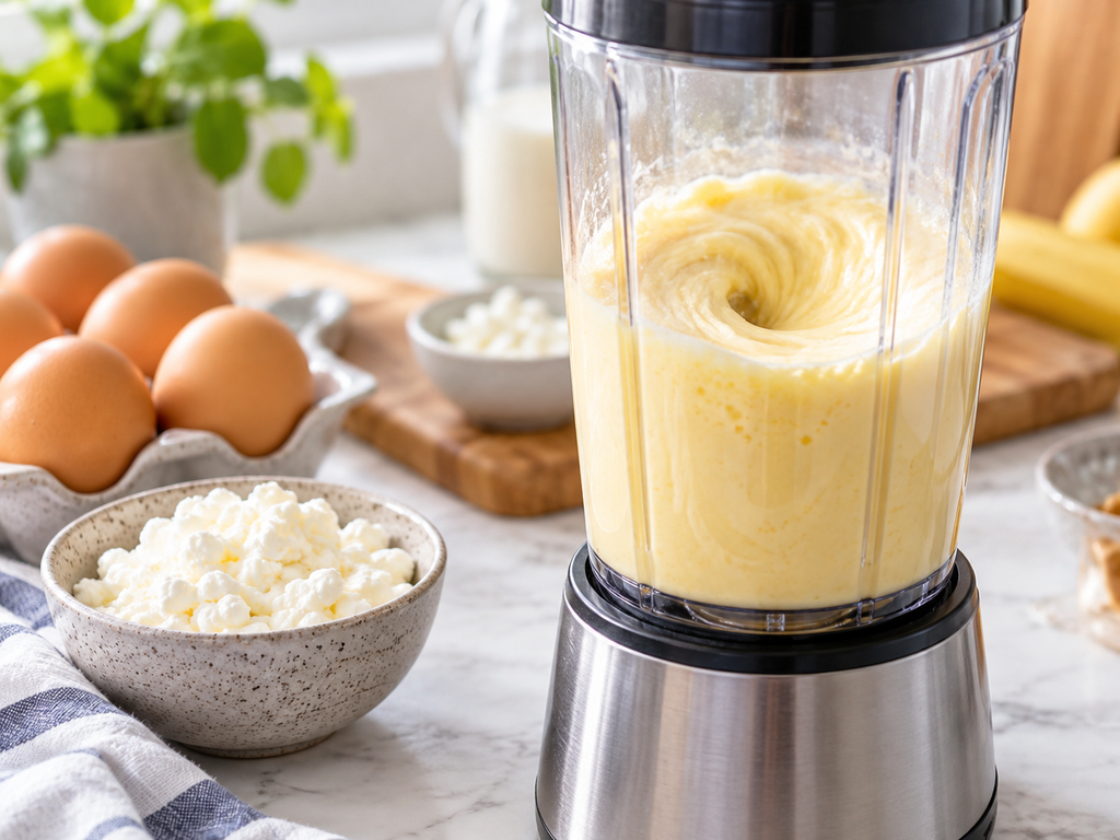 Eggs and cottage cheese blended together for fluffy air fryer egg bites