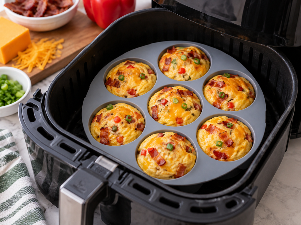 Keto breakfast egg bites cooking in silicone molds inside an air fryer