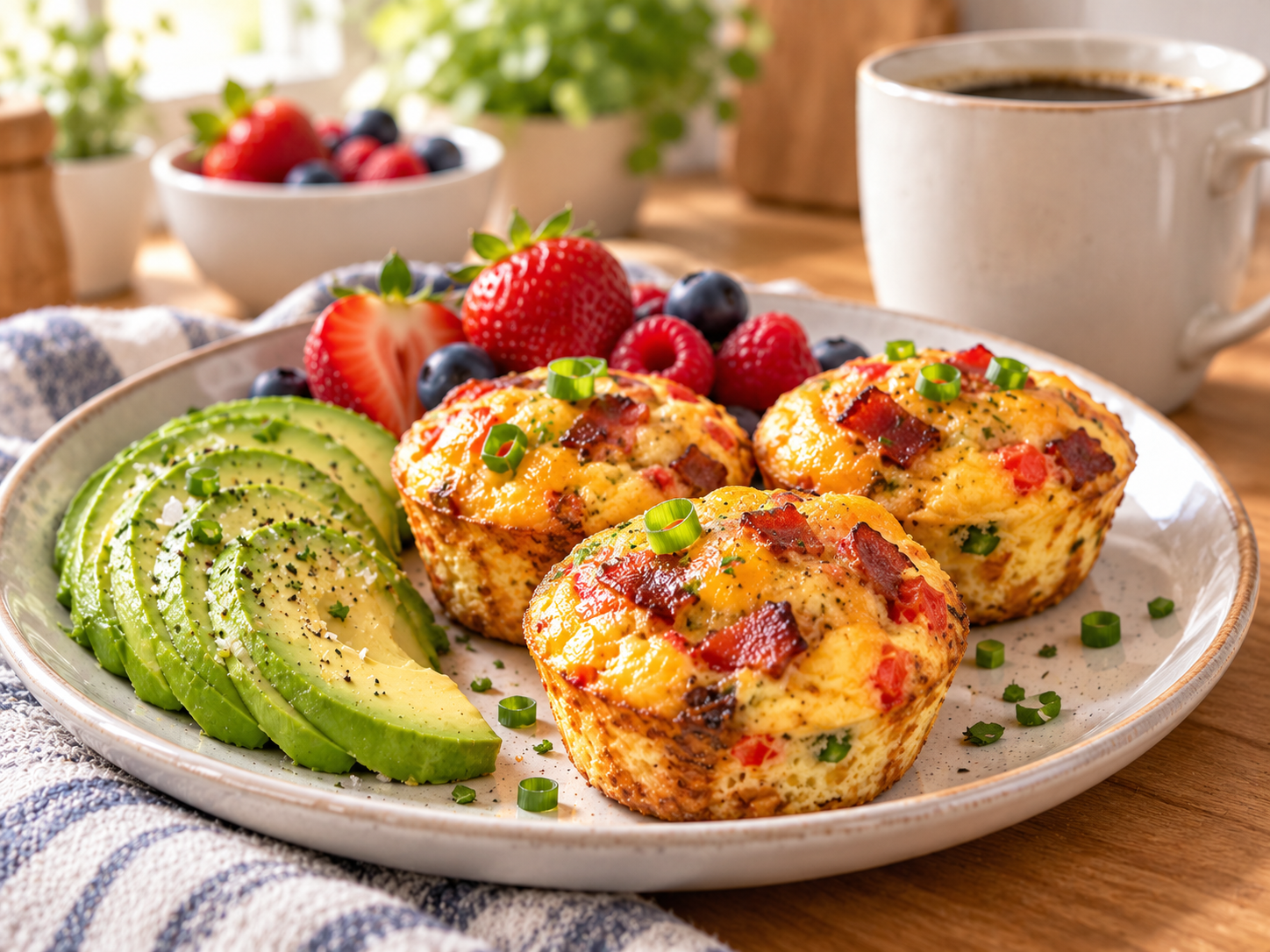 Keto breakfast egg bites served with avocado berries and coffee