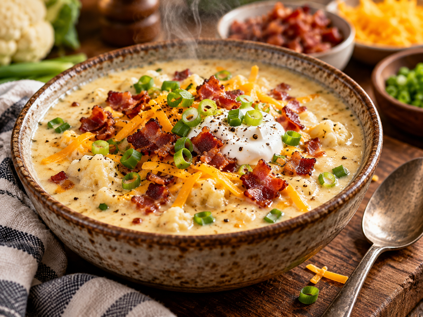 Keto loaded cauliflower soup topped with bacon cheddar and green onions