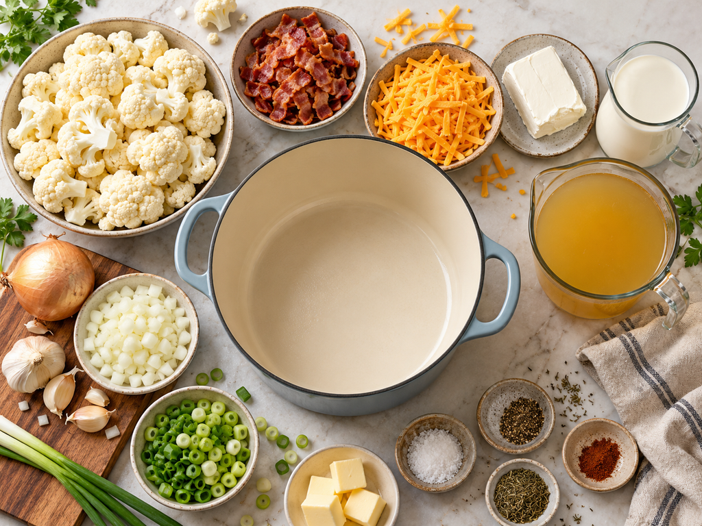 Ingredients for keto loaded cauliflower soup with cauliflower bacon and cheddar cheese