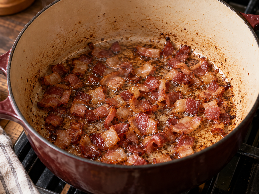 Crispy bacon cooking in a Dutch oven for keto cauliflower soup