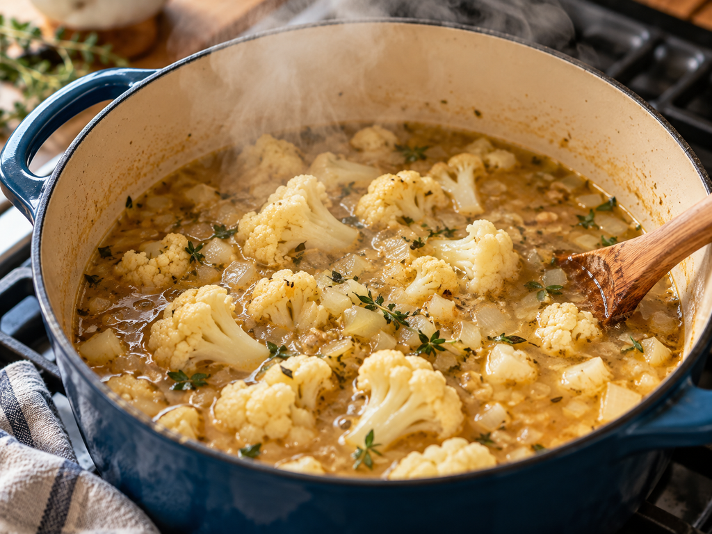 Cauliflower simmering in chicken broth for keto loaded cauliflower soup