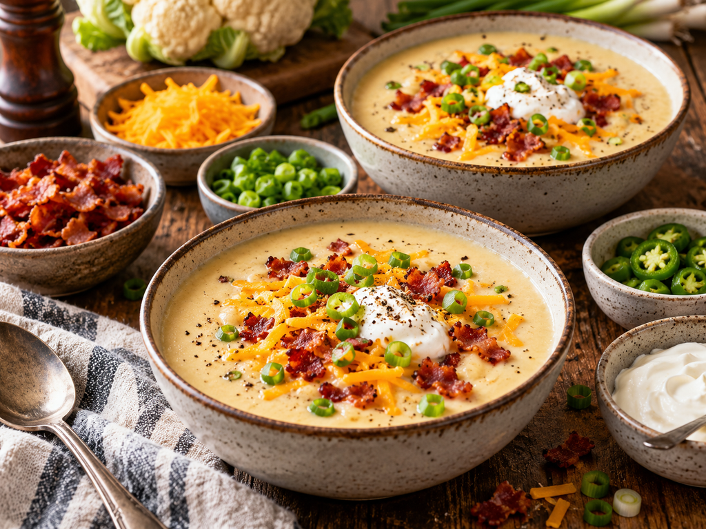 Keto loaded cauliflower soup with bacon cheese sour cream and green onion toppings