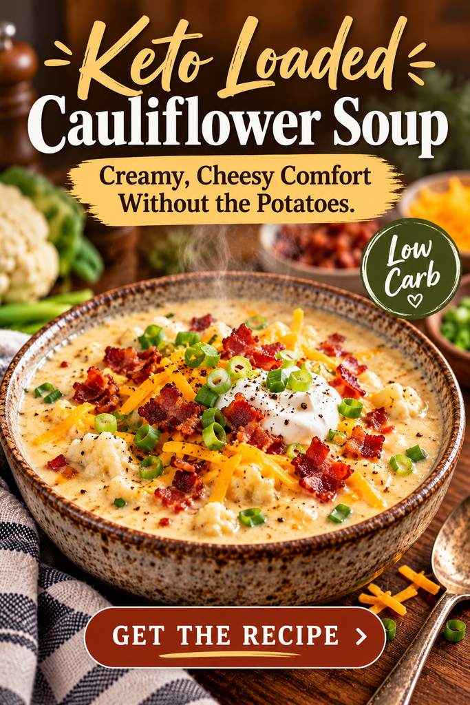 Keto loaded cauliflower soup creamy low carb comfort food recipe
