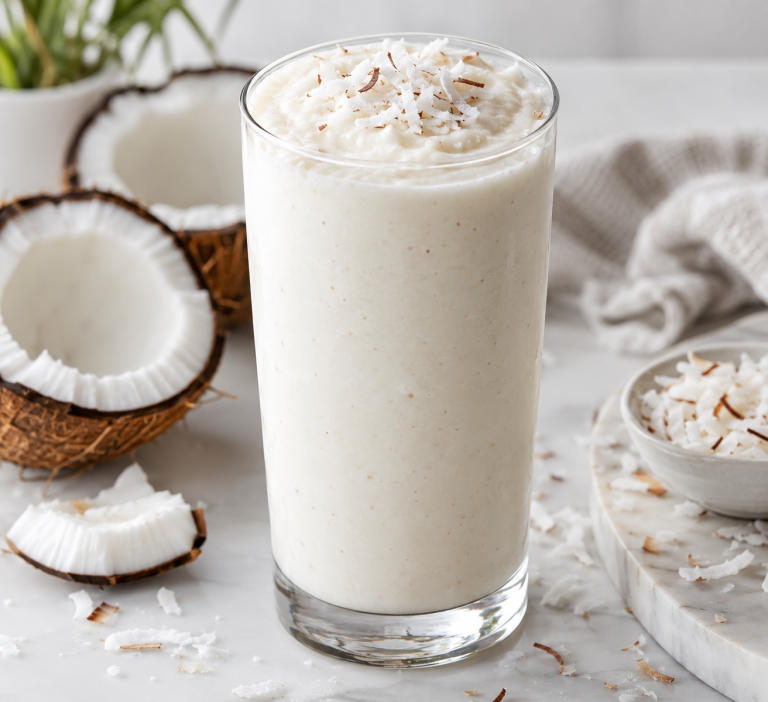 Creamy keto coconut cream smoothie topped with unsweetened coconut flakes