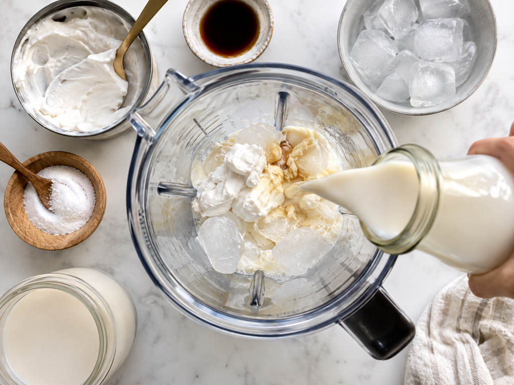 Ingredients for keto coconut cream smoothie added to a blender