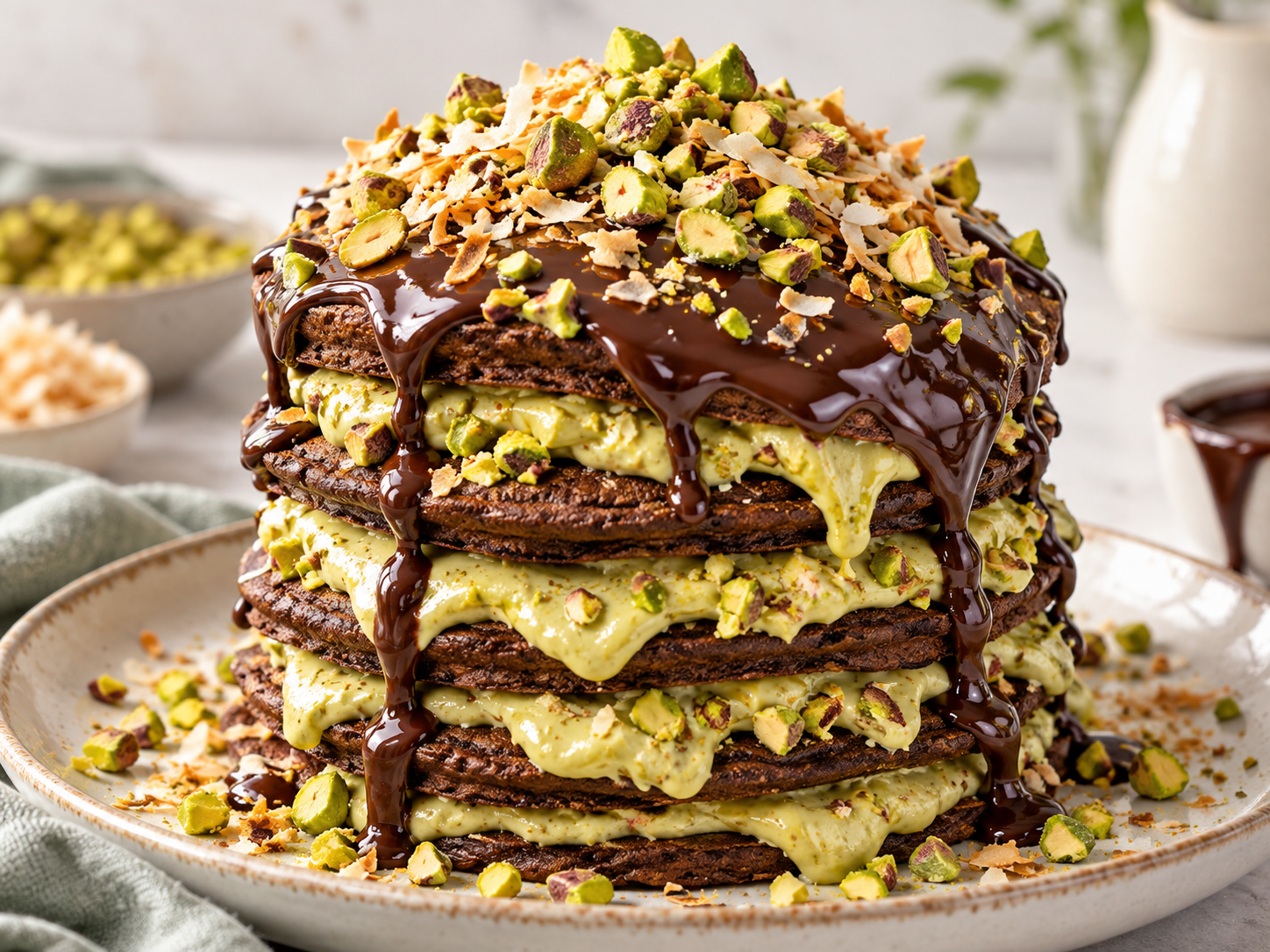 Keto Dubai chocolate pancakes with pistachio cream and chocolate drizzle