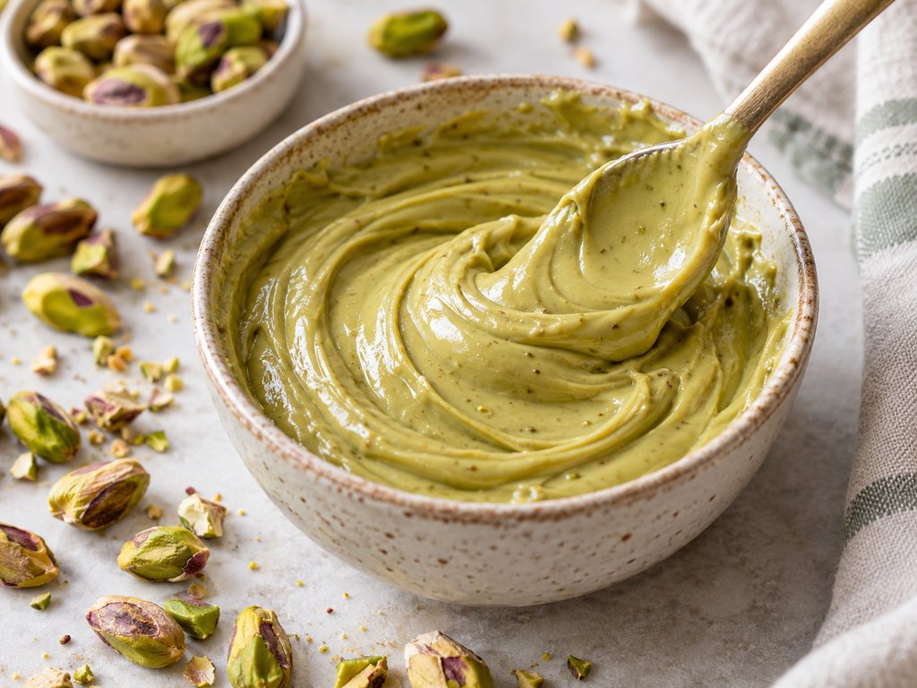 Homemade keto pistachio cream for Dubai chocolate pancakes