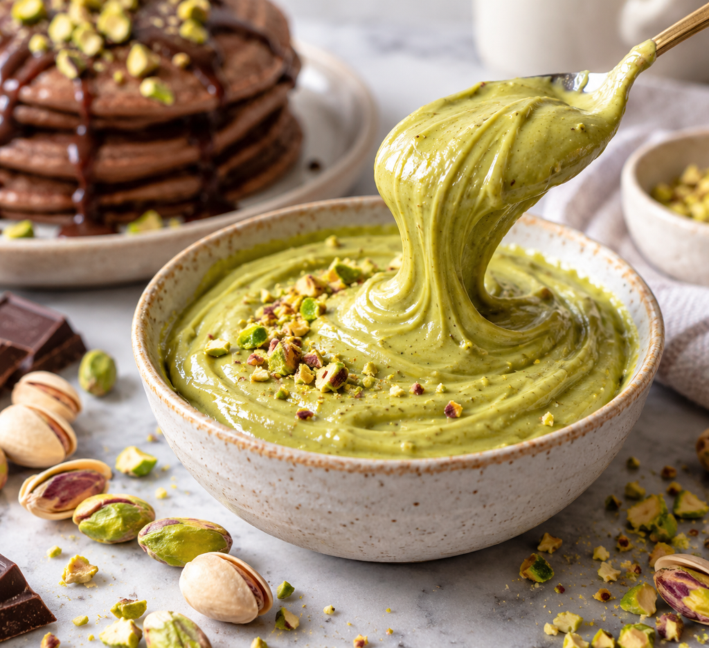 Keto coconut pistachio crunch for Dubai chocolate pancakes