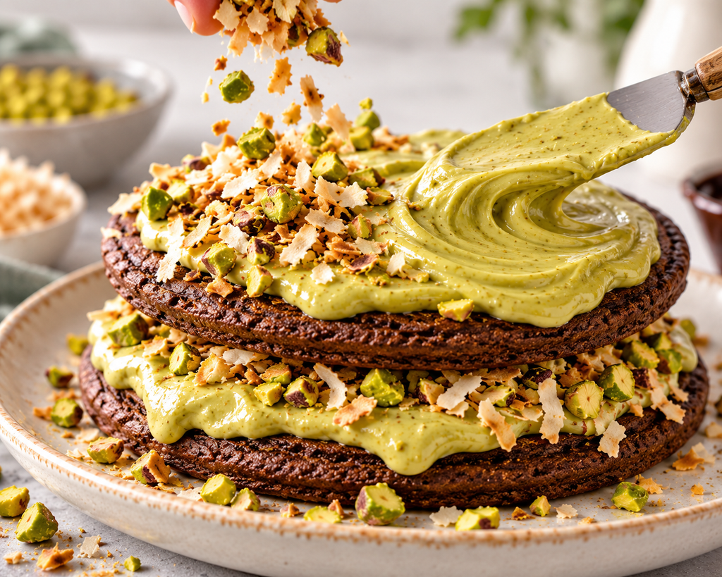 Keto Dubai chocolate pancakes layered with pistachio cream