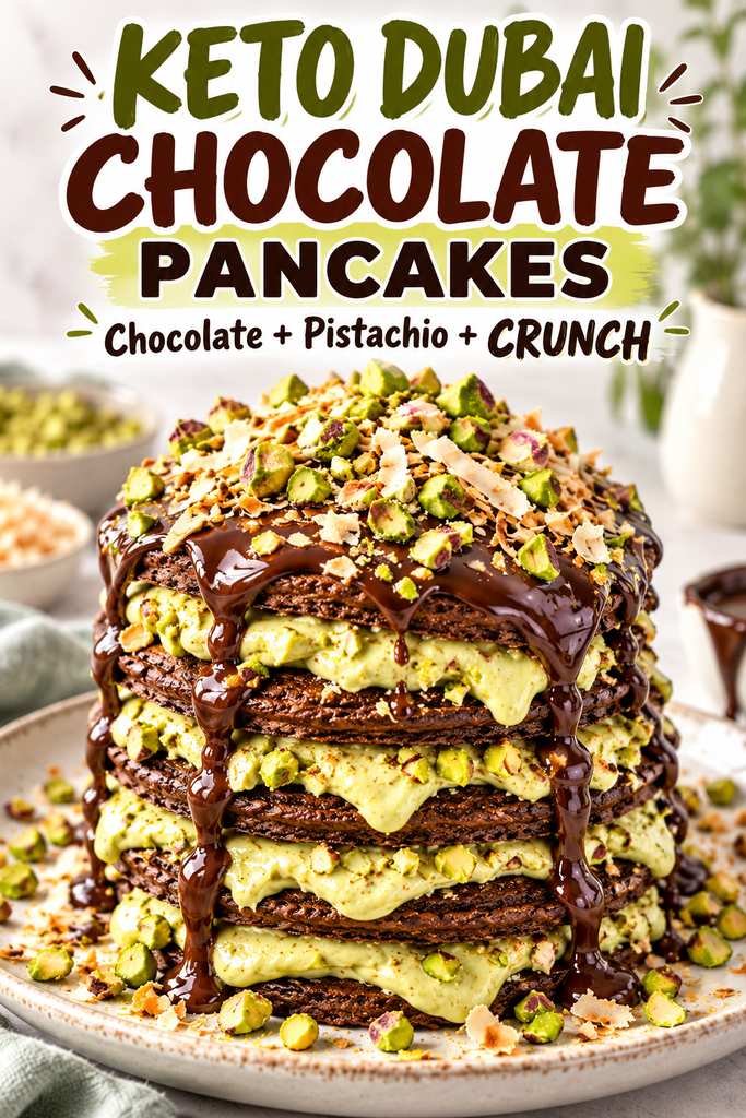Keto Dubai chocolate pancakes with pistachio cream and coconut crunch