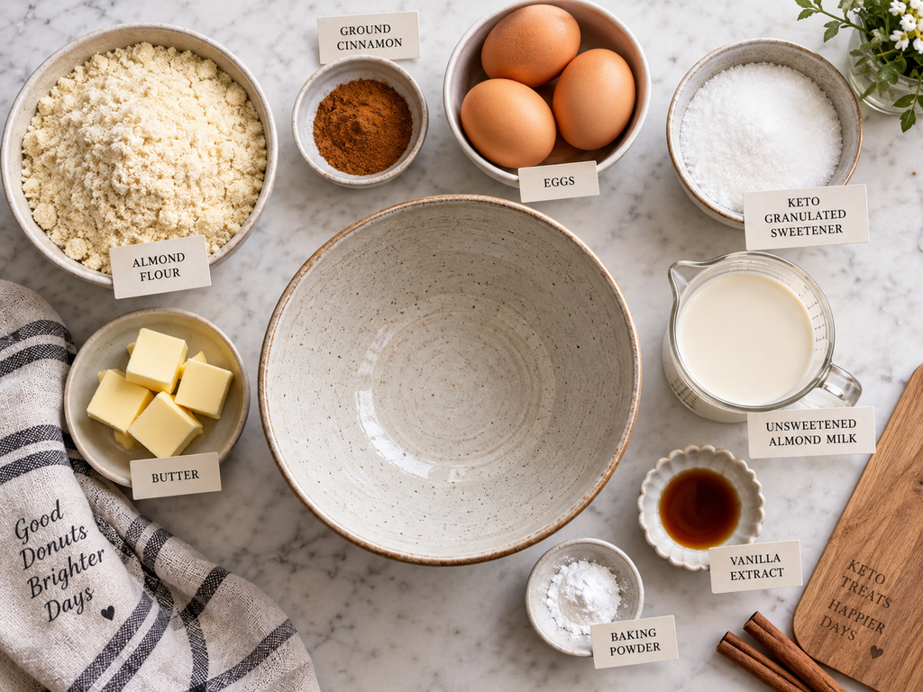 Ingredients for keto air fryer cinnamon donuts with almond flour and cinnamon