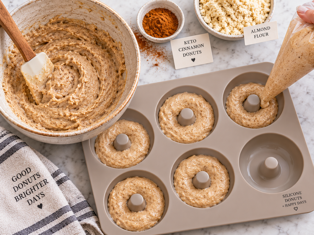 Keto donut batter piped into silicone donut molds for the air fryer