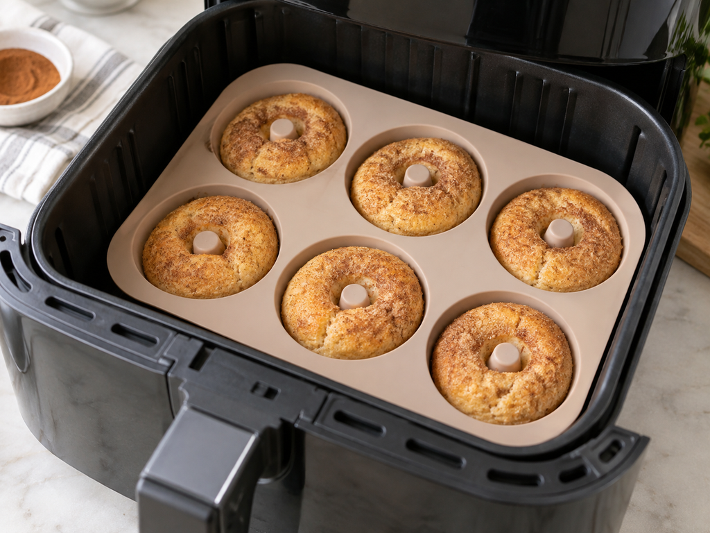 Keto cinnamon donuts cooking in silicone molds in an air fryer