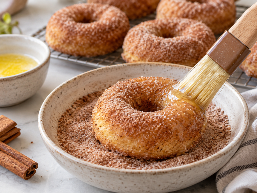 Low carb cinnamon donut dipped in keto cinnamon sugar coating