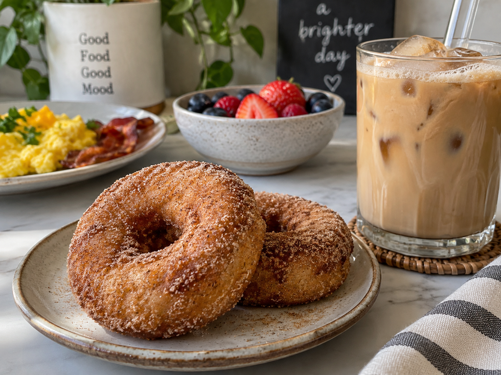 Keto cinnamon donuts served with coffee for a low carb breakfast
