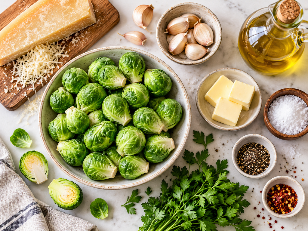 Ingredients for keto garlic Parmesan roasted Brussels sprouts