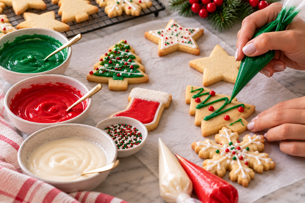 Decorating keto Christmas sugar cookies with sugar free icing