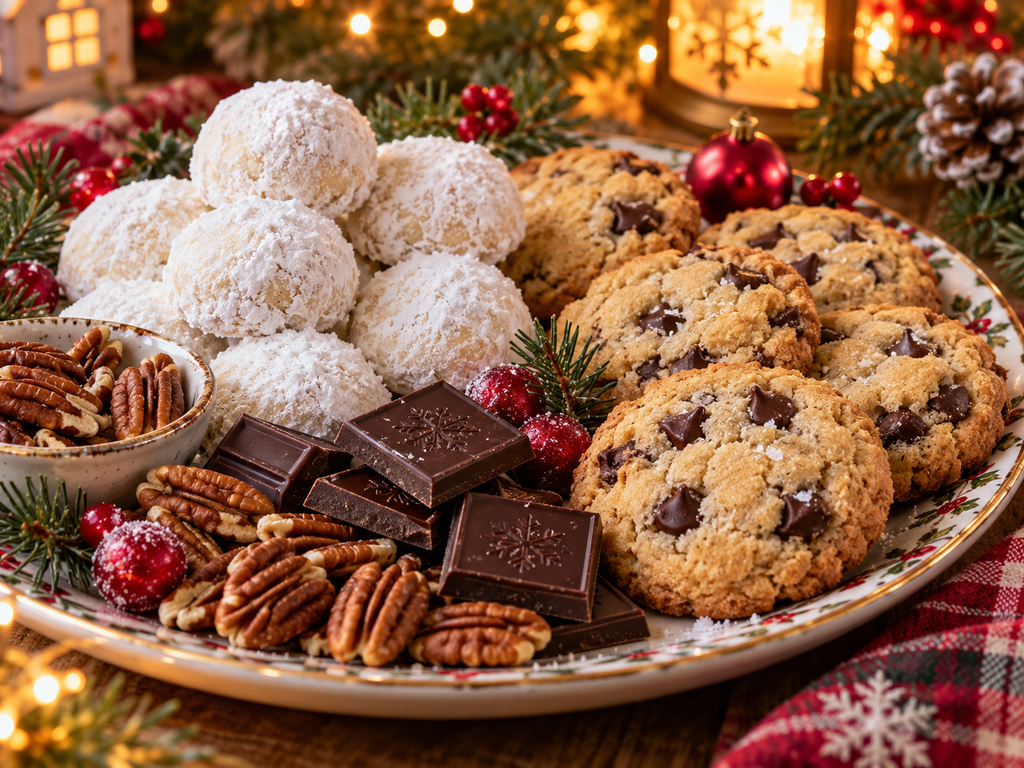Keto Christmas cookie platter with low carb snowball cookies