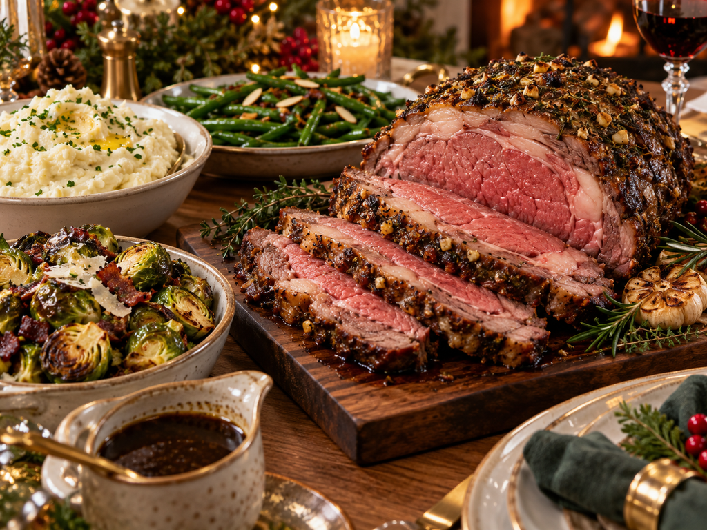 Keto Christmas dinner with garlic herb prime rib and low carb side dishes