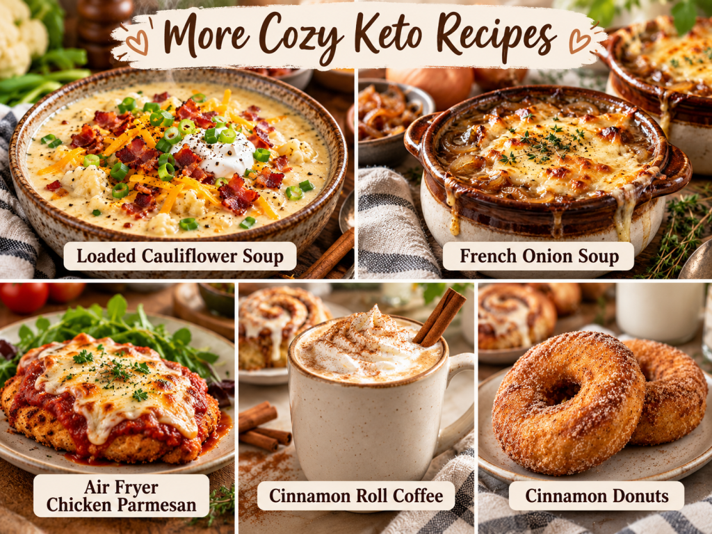 Cozy keto holiday recipes including soup chicken coffee and cinnamon donuts