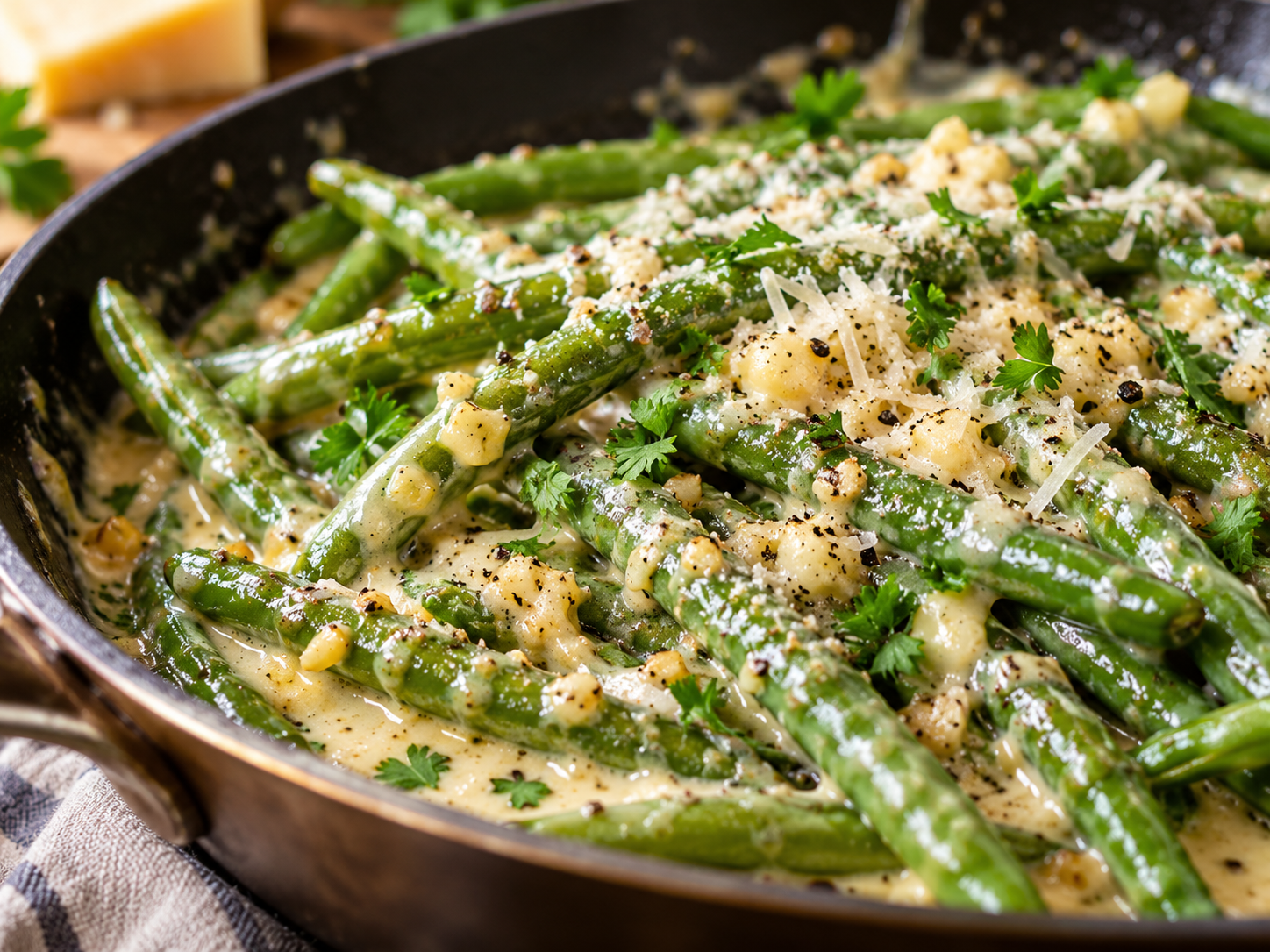 Keto creamy green beans in garlic Parmesan cream sauce