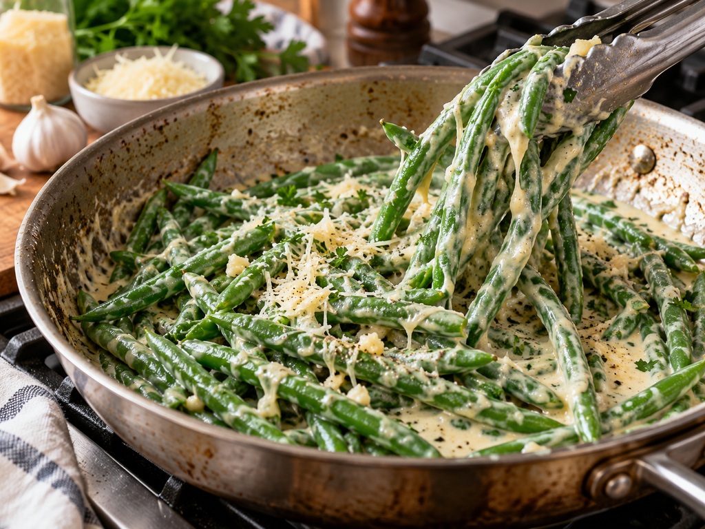 Keto creamy green beans cooking in garlic Parmesan sauce