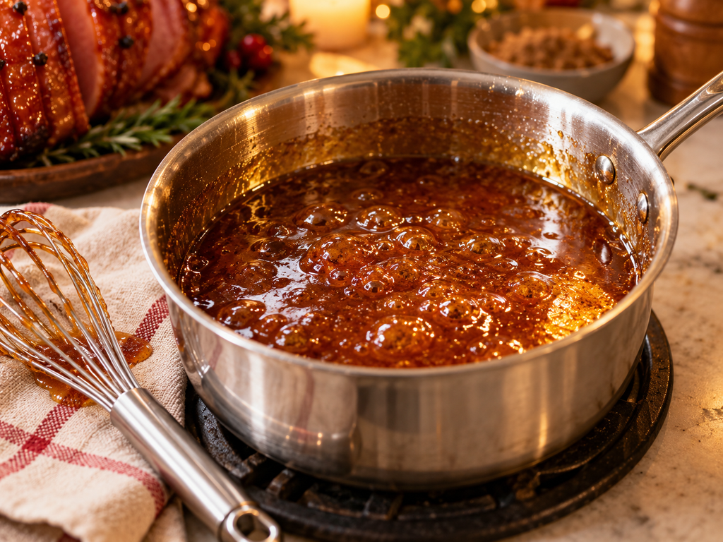 Sugar-free keto ham glaze simmering in a saucepan