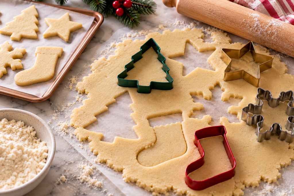 Cutting keto Christmas sugar cookie dough into holiday shapes