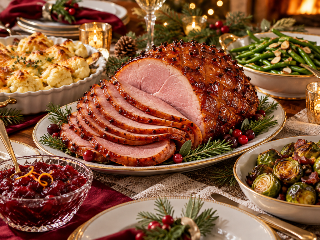 Keto Christmas dinner with glazed ham and low carb holiday side dishes