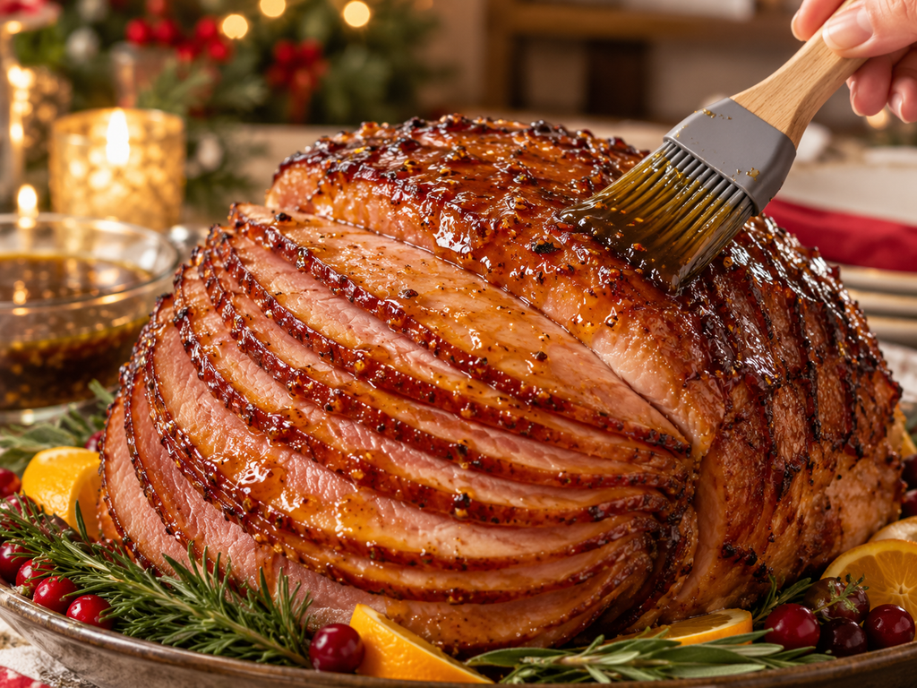 Brushing sugar-free glaze over keto Christmas ham