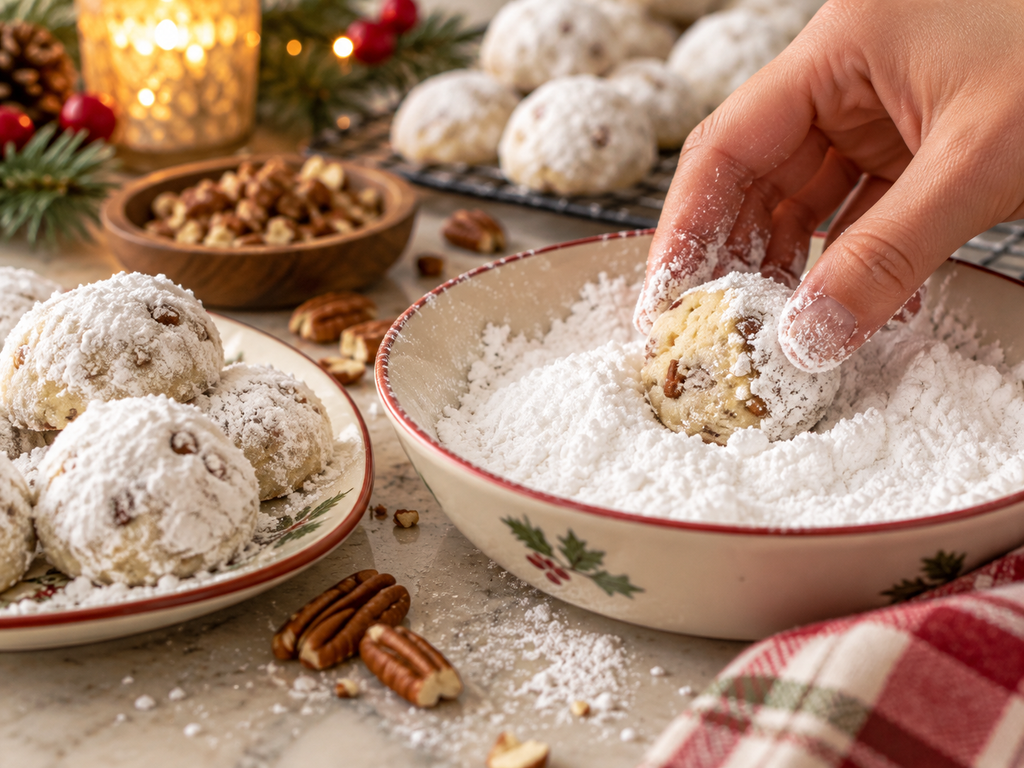 Rolling keto snowball cookies in powdered sweetener