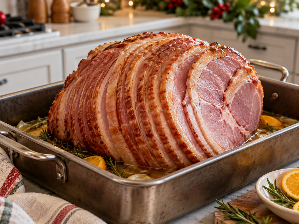Spiral ham prepared in a roasting pan for keto Christmas dinner
