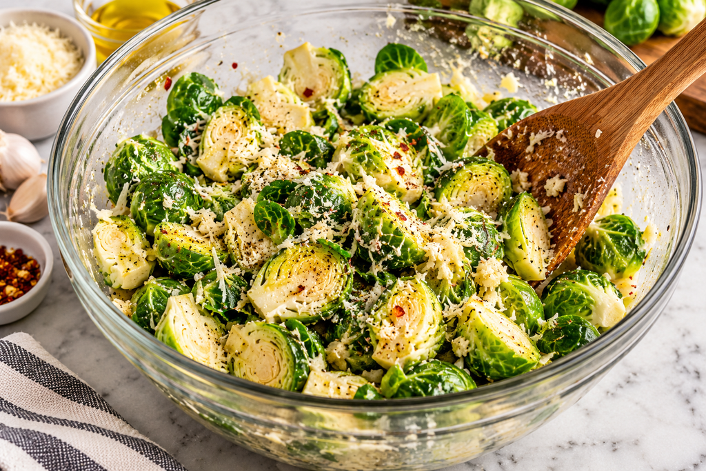 Brussels sprouts coated with garlic Parmesan mixture