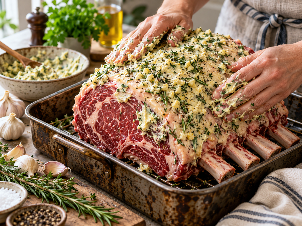 Prime rib coated with garlic rosemary herb butter