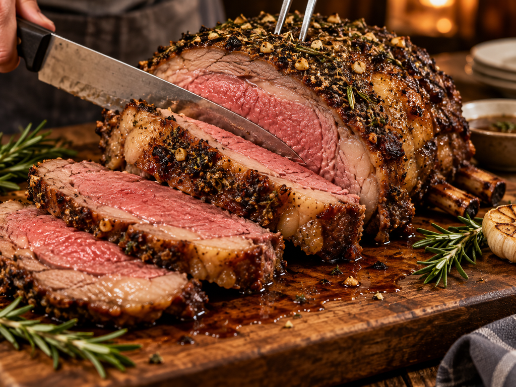 Slicing keto garlic herb prime rib after roasting