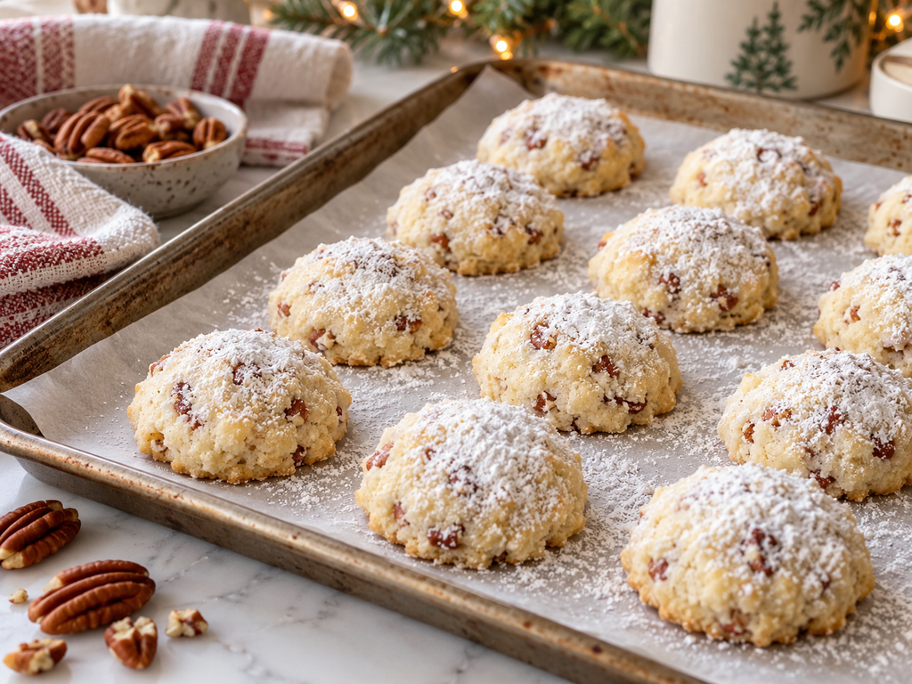 Freshly baked keto pecan snowball cookies cooling on a baking sheet