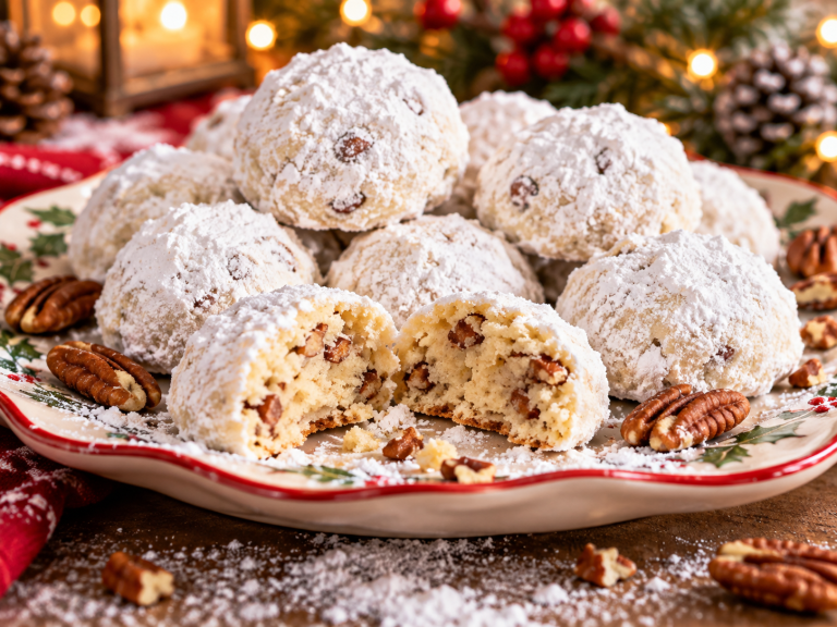 Keto snowball cookies with powdered sweetener and pecans