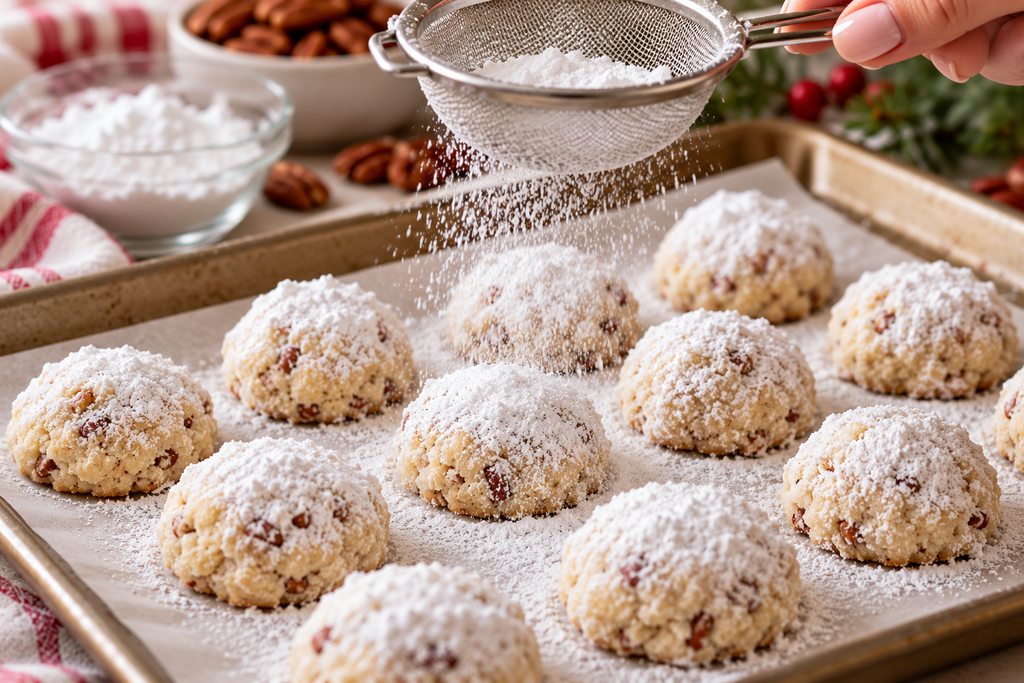Powdered keto sweetener being sifted over snowball cookies