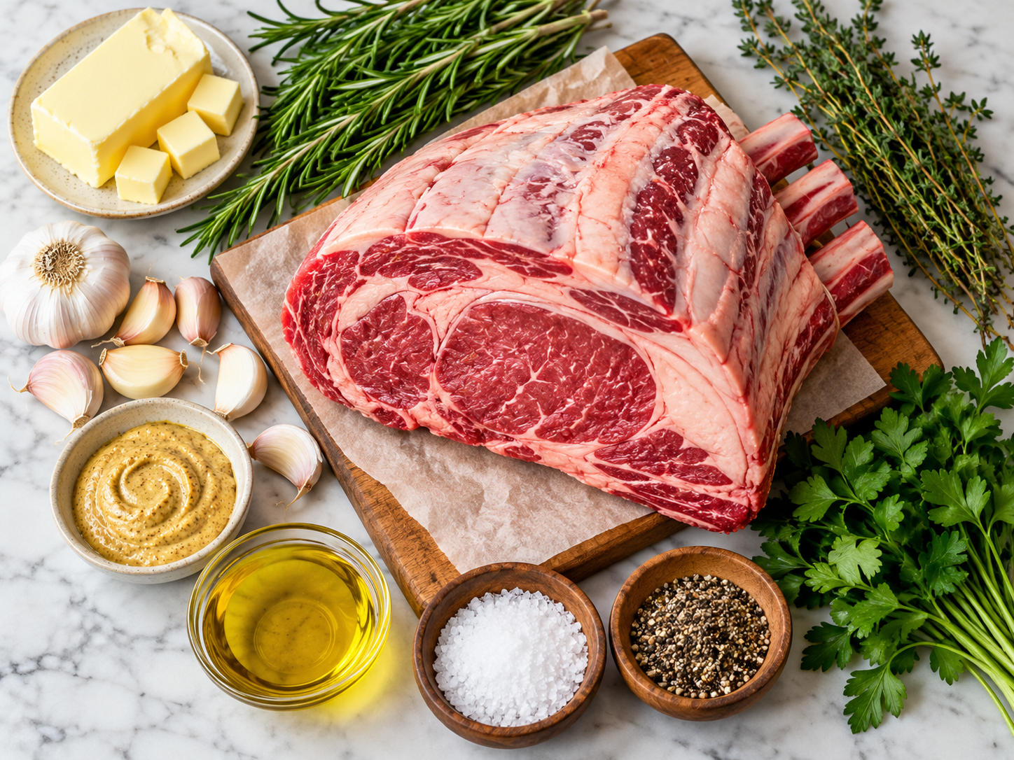 Ingredients for keto garlic herb prime rib