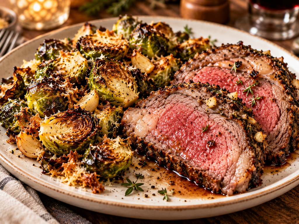 Keto dinner with garlic Parmesan Brussels sprouts and roasted meat