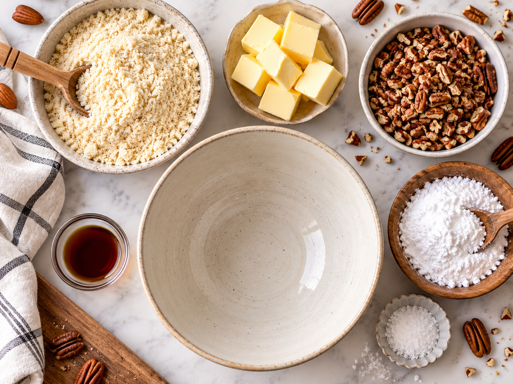 Ingredients for keto snowball cookies with almond flour and pecans
