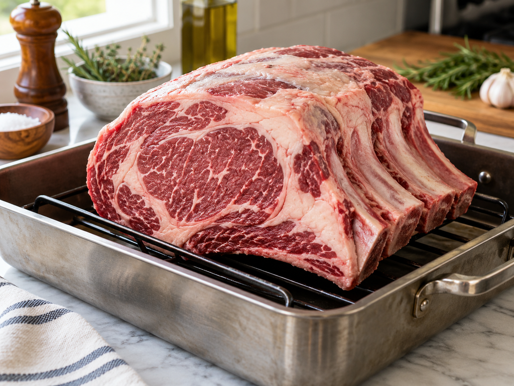 Bone-in prime rib prepared for garlic herb seasoning